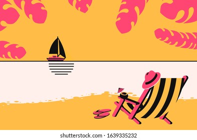 Deckchair with beach hat and coconut cocktail on the beach paradise island and sailboat on the horizon sunset in vibrant colors