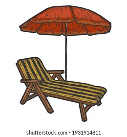 Deckchair and beach umbrella. Sketch scratch board imitation color.