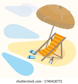 Deckchair, brown straw beach umbrell, blue slippers, bottle with drink. Rest on seashore. Vector illustration in flat style.