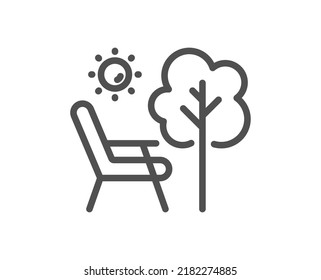 Deckchair line icon. Chair furniture sign. Camping chair symbol. Quality design element. Linear style deckchair icon. Editable stroke. Vector