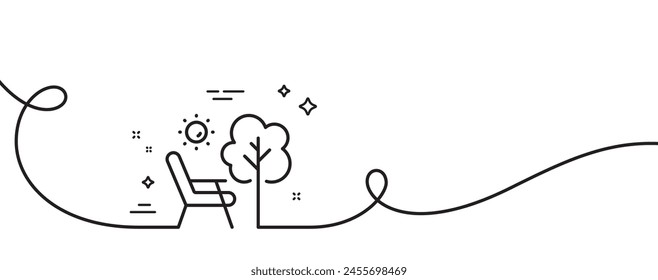 Icono de línea de tumbona. Una línea continua con rizo. Señal de muebles de silla. Símbolo de silla de camping. Tumbona con un contorno de cinta. Patrón de curva de bucle. Vector