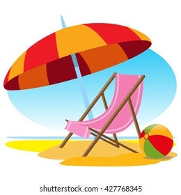 Deckchair and parasol on the beach. Color illustration of a summer theme.