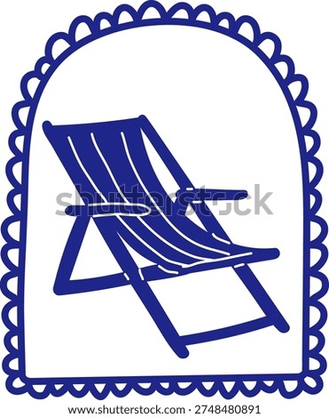 Deckchair reclines inside a scalloped frame, drawn with bold lines and hand-drawn strokes. Symbol of rest, vacation, and leisure, evoking getaway, break, and downtime. Cartoon vector illustration.