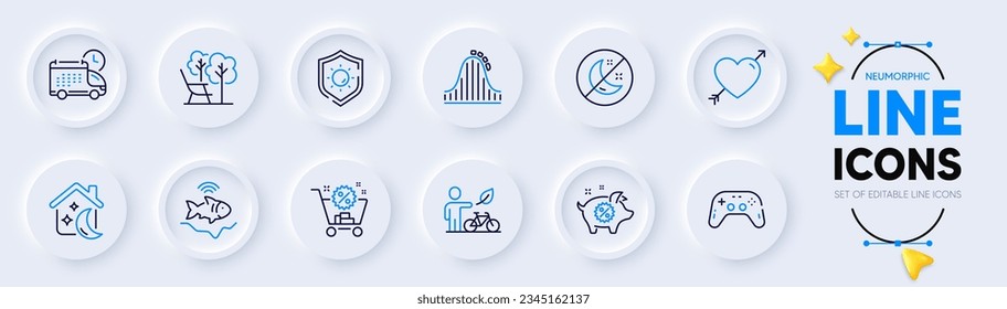 Deckchair, Sun protection and Piggy sale line icons for web app. Pack of Love, Eco bike, Roller coaster pictogram icons. Fishfinder, Sleep, Gamepad signs. Delivery, Insomnia, Shopping cart. Vector