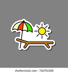 Deck-chair, sun and umbrella on a beach sticker. Relaxation, travel, vacation symbol. Vector.