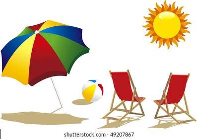 deckchair with umbrella, deckchair and beach ball