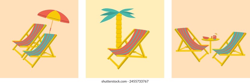 Deckchair and umbrella on the beach. Vector illustration