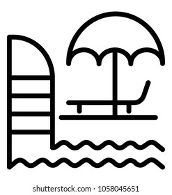 A deckchair under umbrella with swimming pool