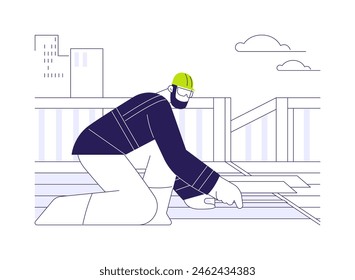 Decks and patios repair abstract concept vector illustration. Repairman deals with patios fixing, decks installation, exterior works, private house building process abstract metaphor.