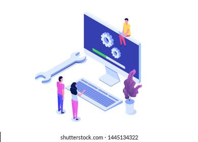 Decktop System Update Flat Style Concept. Vector Isometric Illustration