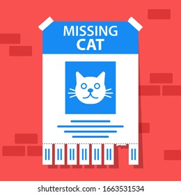 the declaration of the disappearance of a beloved cat. the runaway animal is in danger. flat vector illustration.