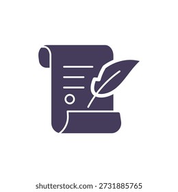 Declaration of Independence Icon, Historical Parchment Scroll with Quill Pen, Solid Glyph Vector Symbol for American History, Freedom and Law.