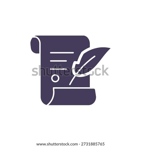 Declaration of Independence Icon, Historical Parchment Scroll with Quill Pen, Solid Glyph Vector Symbol for American History, Freedom and Law.