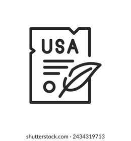 Declaration of Independence Icon with Quill, Historical USA Document Thin Line Vector. Symbolic Representation of American Liberty and National Heritage