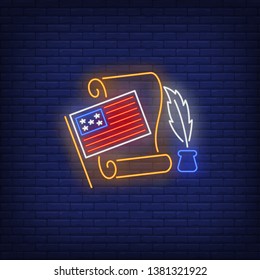 Declaration of Independence neon sign. American flag, paper, feather, pen. Vector illustration in neon style for festive banners, light billboards, USA, 4th of July