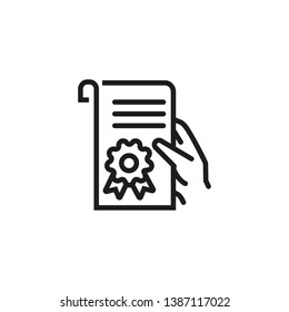 Declaration line icon. Paper with seal in hand. Legal documents concept. Vector illustration can be used for topics like document, grant, certificate