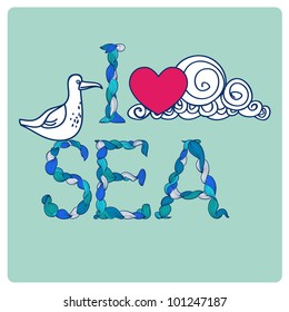Declaration of love by sea, with seagull, heart, and cloud. Symbol of summer, spring, sea and joy. Alphabet made of curls.