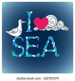 Declaration of love by sea, with seagull, heart, and cloud. Symbol of summer, spring, sea and joy. Alphabet made of curls.