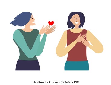 Declaración de amor, saliendo. Sé mi Valentín. Una chica le da una tarjeta de San Valentín a su novia.