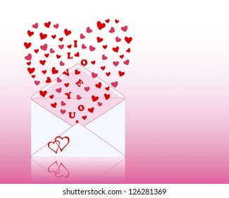 Declaration of love flies out of the open envelope with a pair of hand-drawn hearts. Vector illustration.