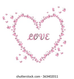 Declaration of love. Heart of pink butterflies