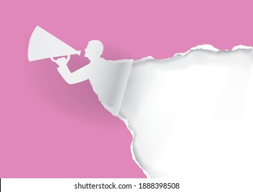Declaration of love with a megaphone.
 Man with megaphone ripping pink paper background with place for your text or image. Template for Valentine day. Vector available.