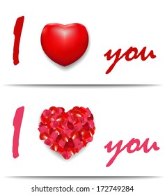 Declaration of love, rose petals, red heart