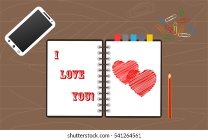 declaration of love, written in pencil in a notebook