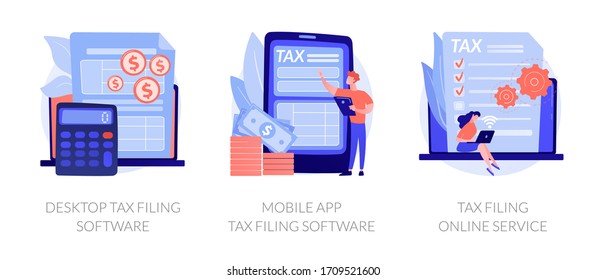 Declaration programs, easy reporting, tax website. Desktop tax filing software, mobile app tax filing software, filing online service metaphors. Vector isolated concept metaphor illustrations.