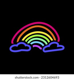 El arcoiris colorido declarativo brillante con plumas de punta de fieltro brillante neón sobre fondo negro oscuro. Icono de la fiesta LGBT para el diseño de la tarjeta o la invitación. Símbolo vectorial iluminado aislado en fondo negro