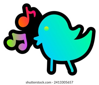 Deklarative fluoreszierende handgezeichnete helle Vögel singen Melodie mit Neongradientenlicht auf dunklem schwarzem Hintergrund. Parteisymbol für das Design der Karte oder Einladung. Doodle handgezeichnet, beleuchteter Vektorgrafik