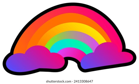 Declarative fluorescent hand drawn colorful bright spring rainbow with neon gradient light on dark black backdrop. Party icon for design of card or invitation. Doodle hand drawn illuminated vector