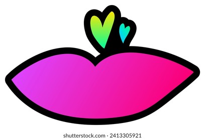 Declarative fluorescent hand drawn female lips with neon gradient light on dark black backdrop. Party icon for design of card or invitation. Doodle hand drawn illuminated vector on black