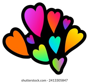 Deklarative fluoreszierende, handgezeichnete Herzengarage mit Neonfarbenlicht auf dunklem schwarzem Hintergrund. Parteisymbol für das Design der Karte oder Einladung. Doodle handgezeichnet, illuminierte Vektorgrafik auf Schwarz