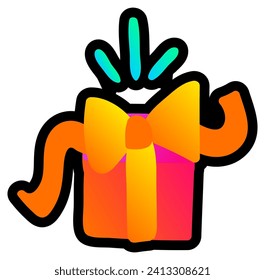 Declarative fluorescent hand drawn gift box surprise tied with bow with neon gradient light on black backdrop. Party icon for design of card or invitation. Doodle hand drawn illuminated vector
