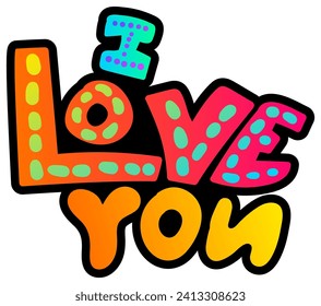 Declarative fluorescent hand drawn lettering I love you with neon gradient light on dark black backdrop. Party icon for design of card or invitation. Doodle hand drawn illuminated vector on black