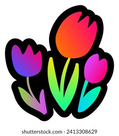 Declarative fluorescent hand drawn meadow of spring tulips with neon gradient light on dark backdrop. Party icon for design of card or invitation. Doodle hand drawn illuminated vector on black