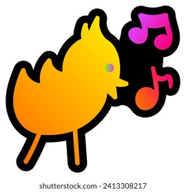 Declarative fluorescent hand drawn singing bird canary with neon gradient light on dark black backdrop. Party icon for design of card or invitation. Doodle hand drawn illuminated vector