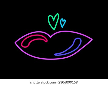 Declarative hand drawn female lips with neon bright felt tip pens on dark black backdrop. Party icon for design of card or invitation. Doodle hand drawn illuminated vector on black
