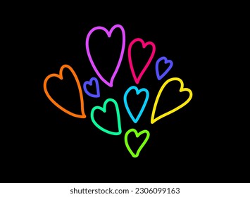 Declarative hand drawn garland of hearts flying with neon bright felt tip pens on dark black backdrop. Party icon for design of card or invitation. Doodle hand drawn illuminated vector on black