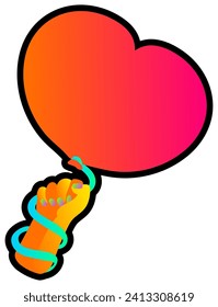 Declarative hand drawn heart shaped balloon in hand with neon gradient light on dark black backdrop. Party icon for design of card or invitation. Doodle hand drawn illuminated vector on black