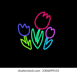 Declarative hand drawn meadow of spring tulips with neon bright felt tip pens on dark black backdrop. Party icon for design of card or invitation. Doodle hand drawn illuminated vector on black
