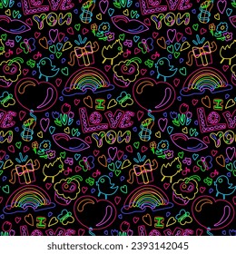 Declarative hand drawn neon seamless pattern with festive elements on dark black backdrop. Party ornament for printing on fabric, cover and packaging. Vector isolated on black background