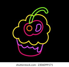 Declarative hand drawn sweet cherry cupcake with neon bright felt tip pens on dark black backdrop. Party icon for design of card or invitation. Doodle hand drawn illuminated vector on black