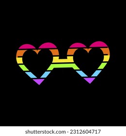 Deklarative, herzförmige Partybrille mit neonfarbenen, leuchtend gefühlten Spitzen auf dunkelschwarzem Hintergrund. LGBT-Party-Symbol für das Design der Karte oder Einladung. Illuminiertes Vektorsymbol einzeln auf schwarzem Hintergrund