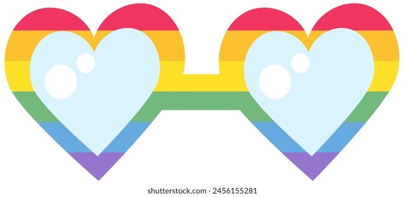 Deklarative herzförmige Partybrille in regenbogengestreiften Farben. LGBT-Party-Symbol für das Design der Karte oder Einladung. Mehrfarbiges Vektorgrafik-Symbol isoliert auf weißem Hintergrund