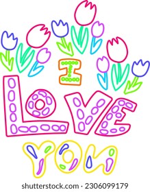 Declarative I love bouquets of spring tulips hand drawn text with neon lights on dark night backdrop. Festive elegant inscription for design of card or invitation. Doodle Hand Drawn vector on black