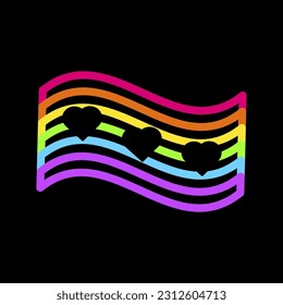 Declarative Rainbow flag with hearts with neon bright felt tip pens on dark black backdrop. LGBT party icon for design of card or invitation. Illuminated vector symbol isolated on black background