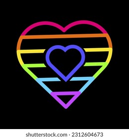 Deklarative Zwei Herzen schlagen zusammen mit neonfarbenen, leuchtend gefühlten Spitzen auf dunklem schwarzem Hintergrund. LGBT-Party-Symbol für das Design der Karte oder Einladung. Illuminiertes Vektorsymbol einzeln auf schwarzem Hintergrund