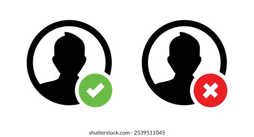 Ablehnen und genehmigte Symbol auf Profil Silhouette. Genehmigungssymbol für grüne Häkchen. Häkchen und rotes Kreuzzeichen.